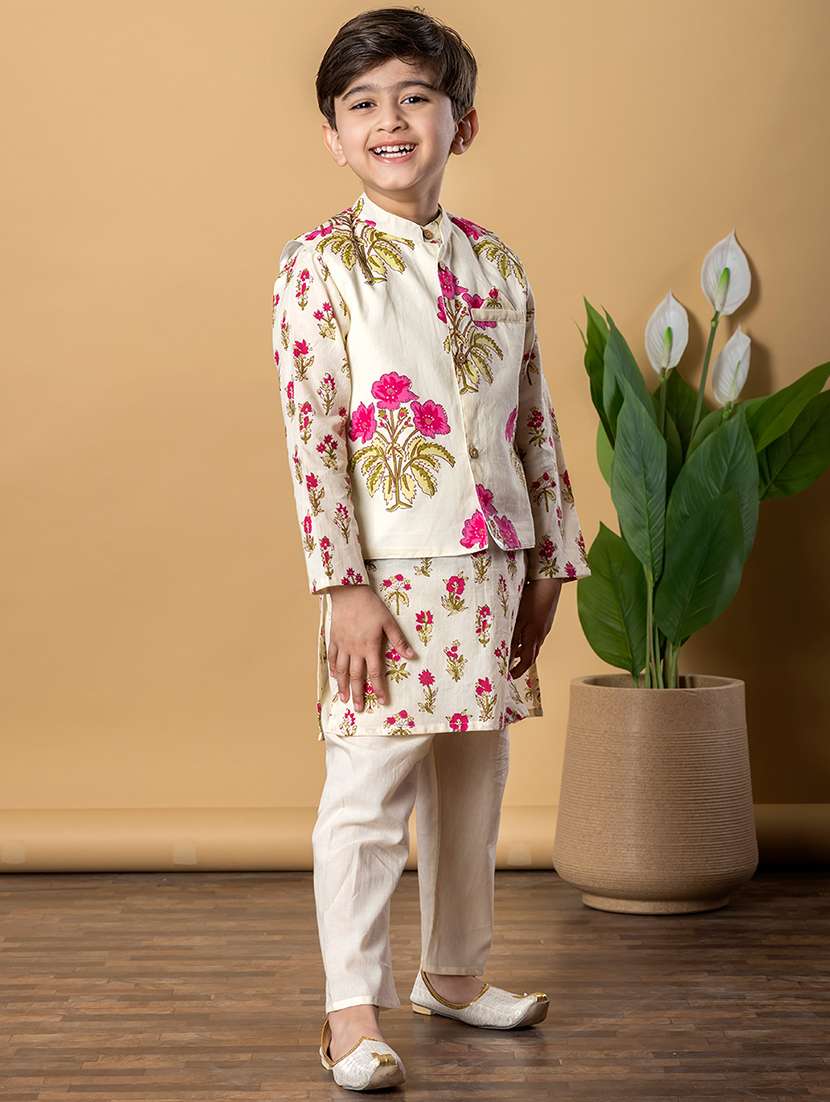 boys printed long sleeves kurta pyjama with jacket set - 21766950 - Standard Image - 4