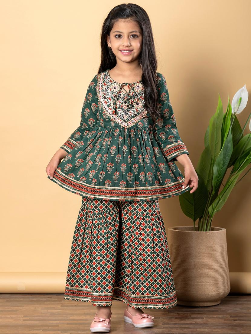 girls three quarter sleeve kurta sharara set - 21766975 -  Standard Image - 1