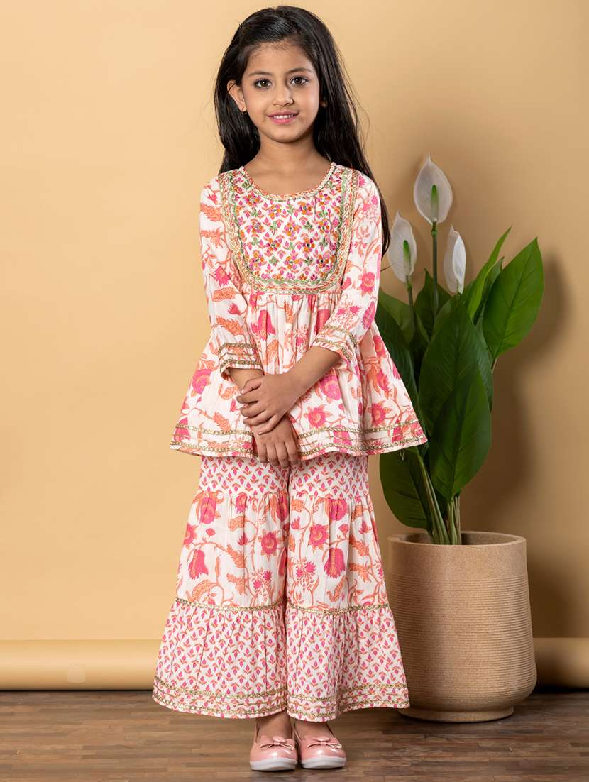girls three quarter sleeve kurta sharara set - 21766976 -  Standard Image - 1