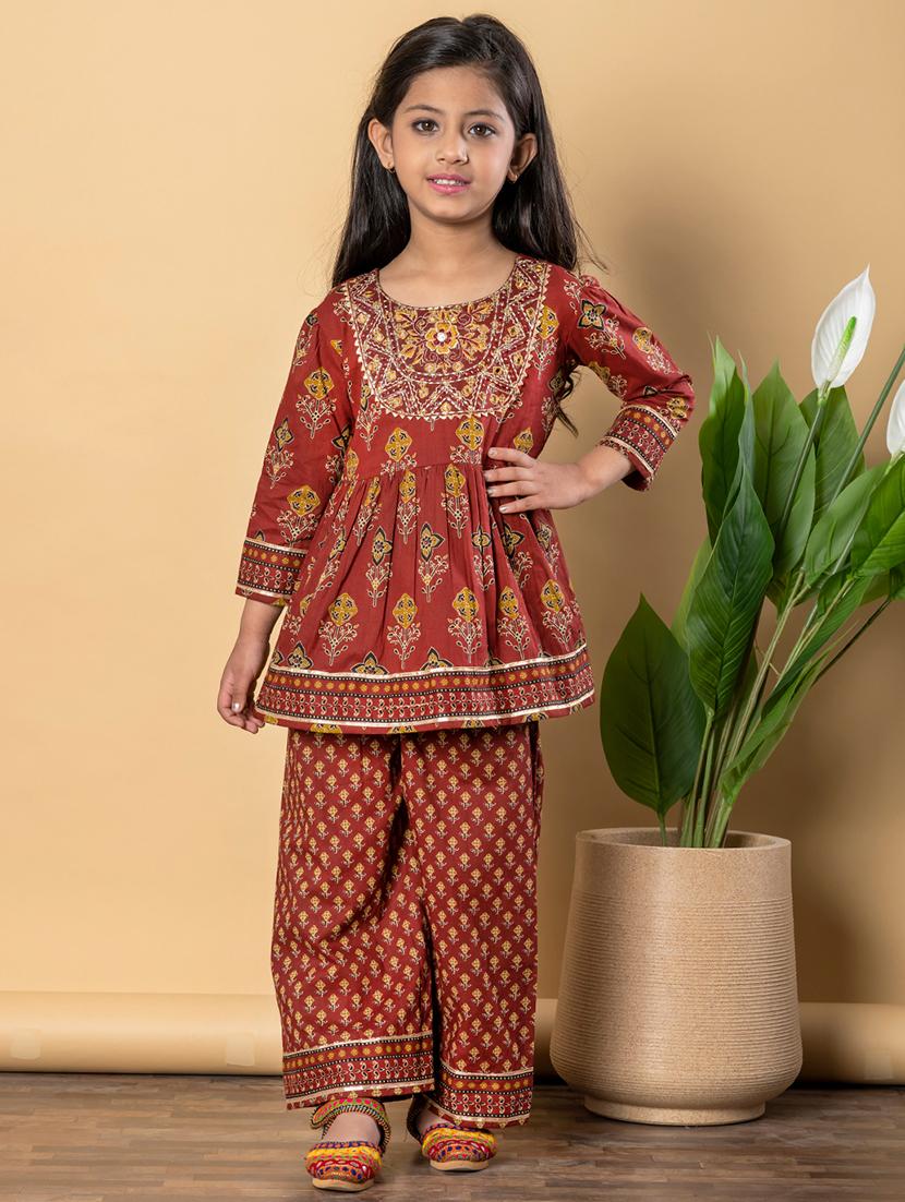 girls three quarter sleeve kurta palazzo set - 21766977 -  Standard Image - 1