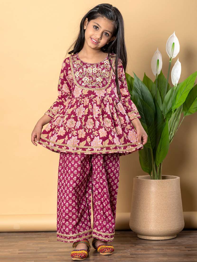 girls three quarter sleeve kurta palazzo set - 21766980 -  Standard Image - 1