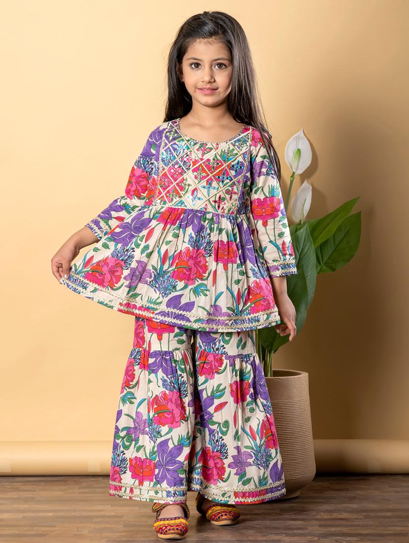 girls three quarter sleeve kurta sharara set - 21766984 -  Standard Image - 1