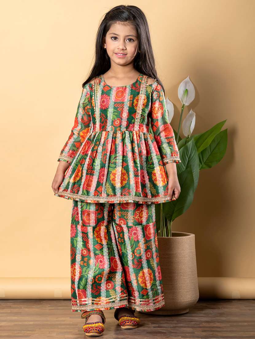 girls three quarter sleeve kurta sharara set - 21766991 -  Standard Image - 1