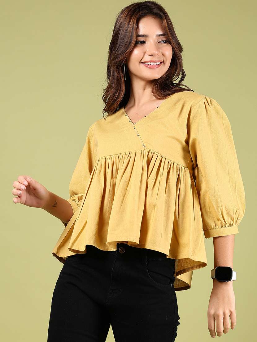 women solid puff sleeves peplum top