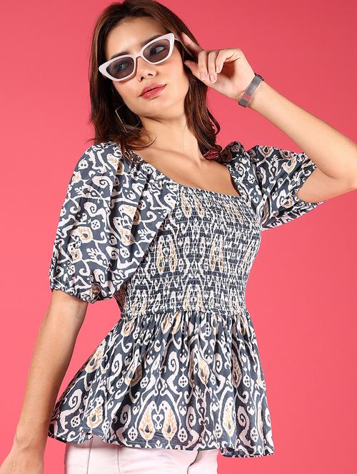 women printed puff sleeves peplum top - 21767029 - Standard Image - 0