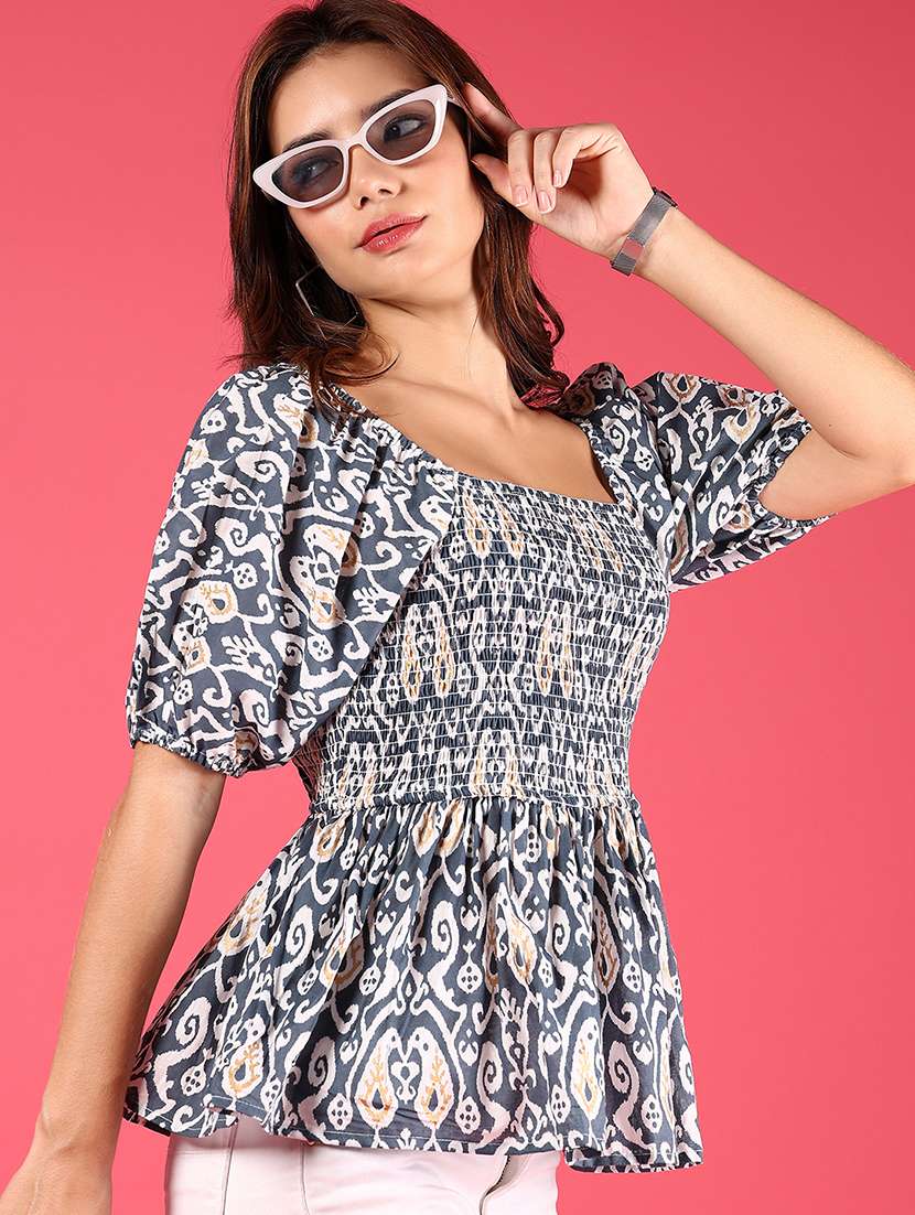 women printed puff sleeves peplum top