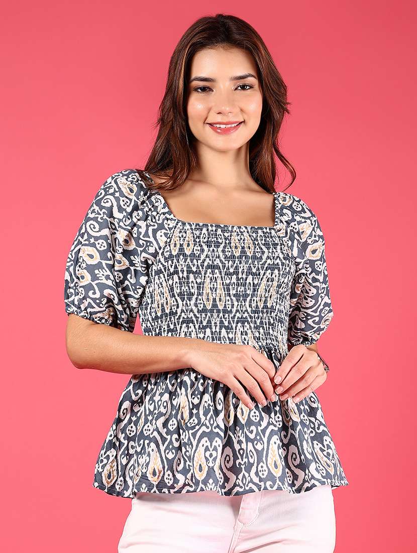 women printed puff sleeves peplum top - 21767029 -  Standard Image - 1