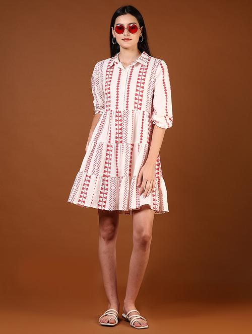 women white printed three quarter sleeve tiered dress - 21767037 - Standard Image - 0