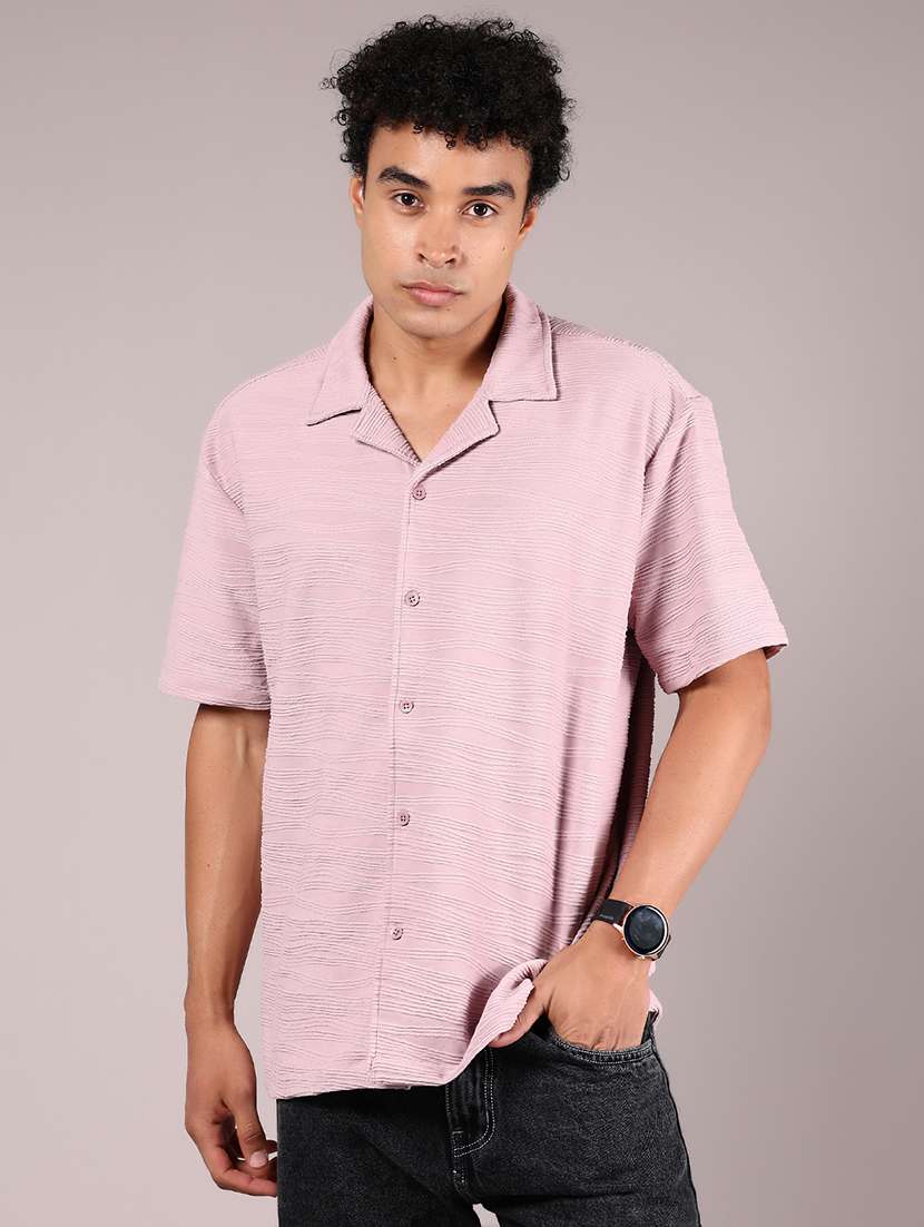 men tectured cuban collared loose fit casual shirt - 21767052 -  Standard Image - 1