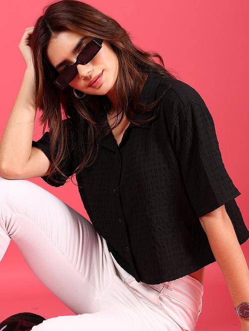 women textured collared boxy fit shirt - 21767059 - Standard Image - 0