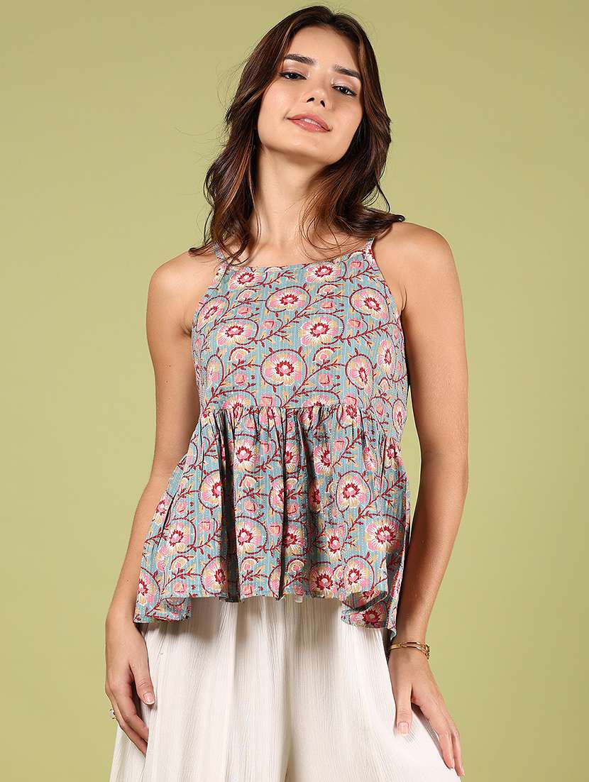 women floral printed shoulder strap peplum top - 21767095 -  Standard Image - 1