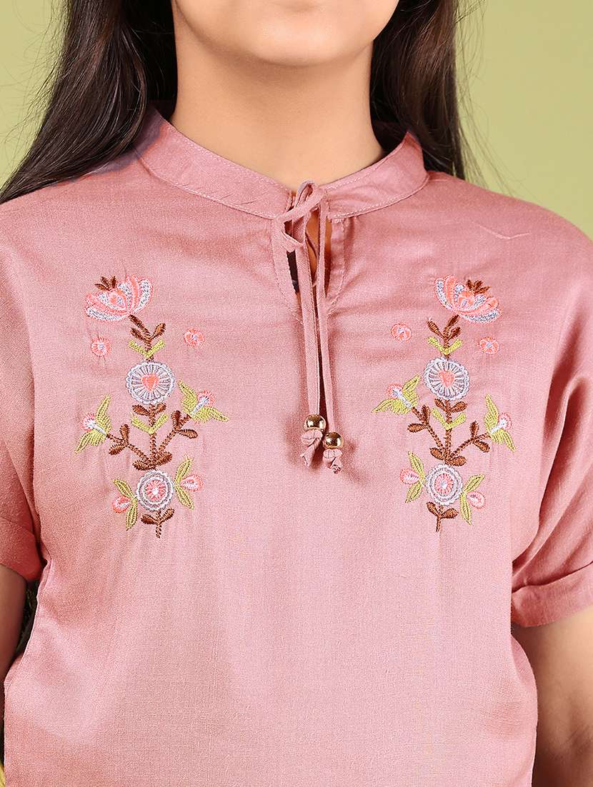 girls solid with work tie up neck top - 21767180 -  Standard Image - 4