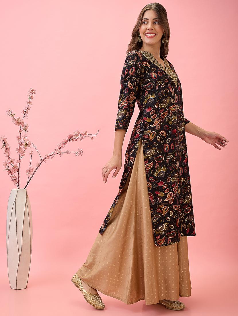 globus women black scalloped embroidered v-neck gold foil paisley print chanderi festive kurta - 21767486 -  Standard Image - 1