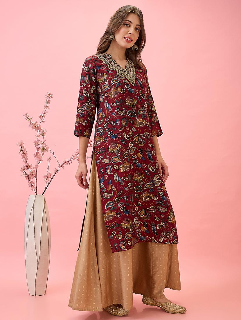 globus women maroon scalloped embroidered v-neck gold foil paisley print chanderi festive kurta - 21767487 -  Standard Image - 1