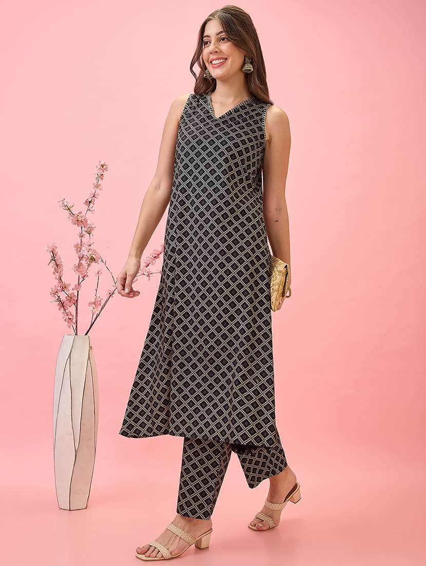 globus women black thread work detail v-neck a-line workwear kurta & pants set