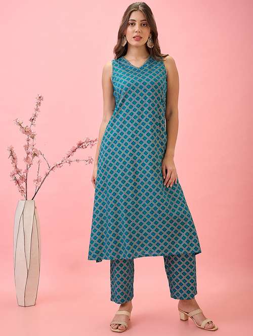 globus women teal thread work detail v-neck a-line workwear kurta & pants set - 21767489 -  Standard Image - 0