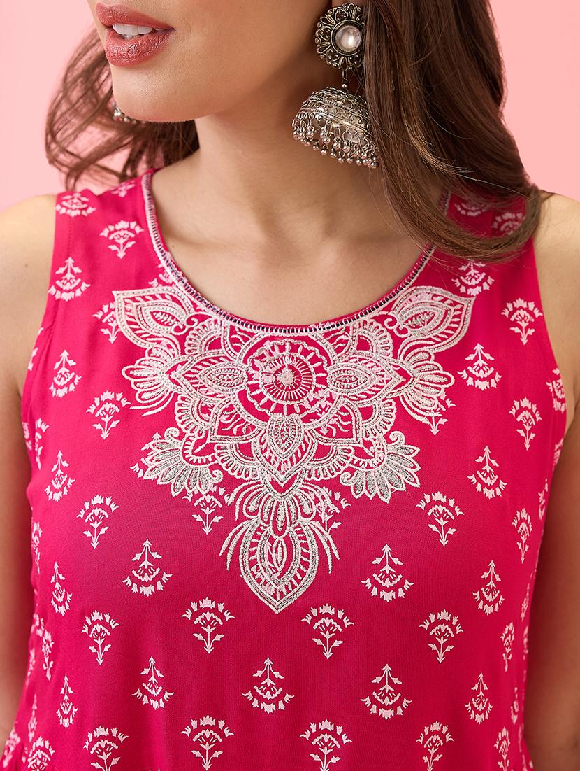 globus women pink embroidered yoke floral print tiered a-line festive kurta & pants set - 21767490 - Standard Image - 4