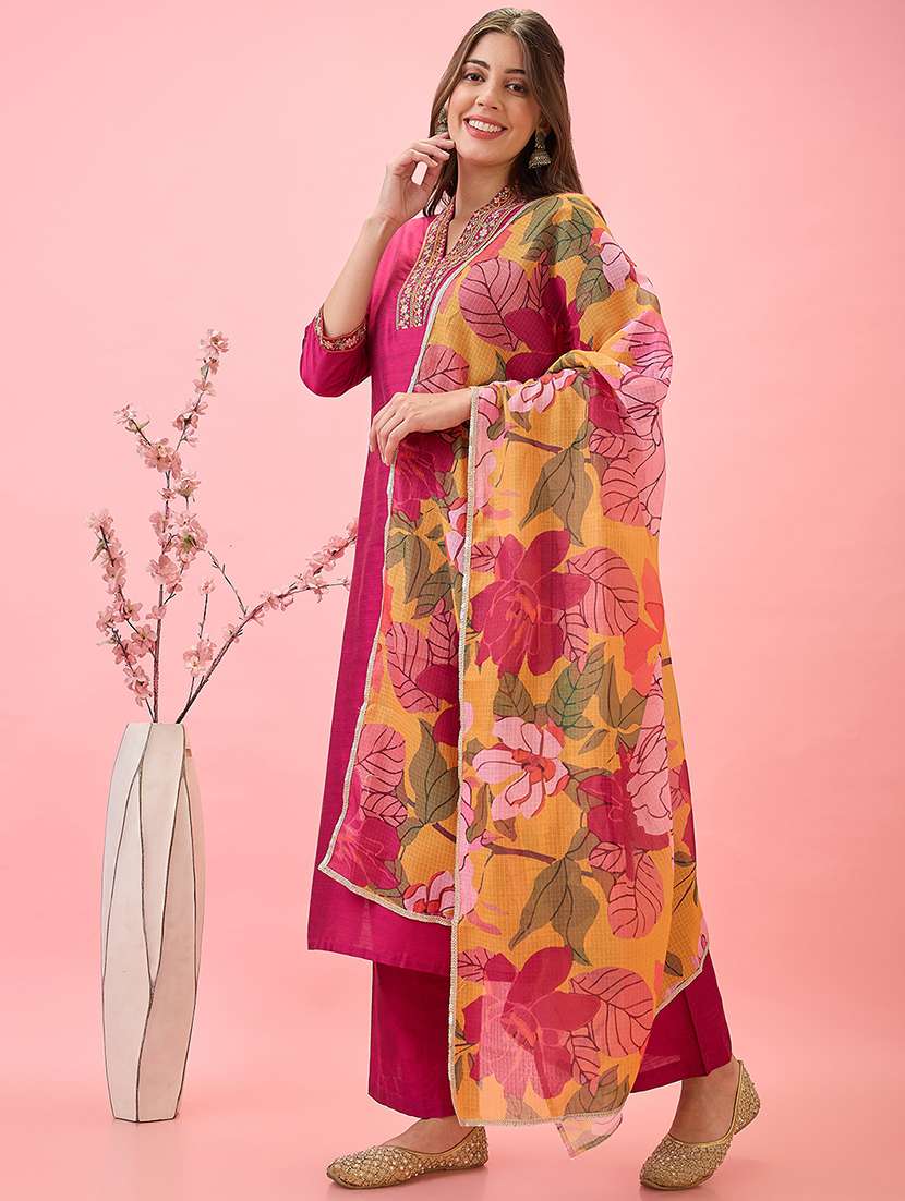 globus women pink floral embroidered v-neck straight festive kurta with pants & printed dupatta set