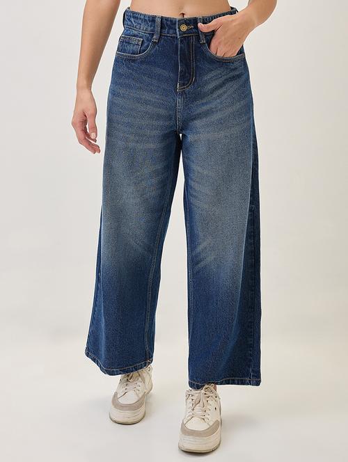 globus women dark blue cotton whiskers effect mid-rise wide leg denim jeans - 21767494 - Standard Image - 0