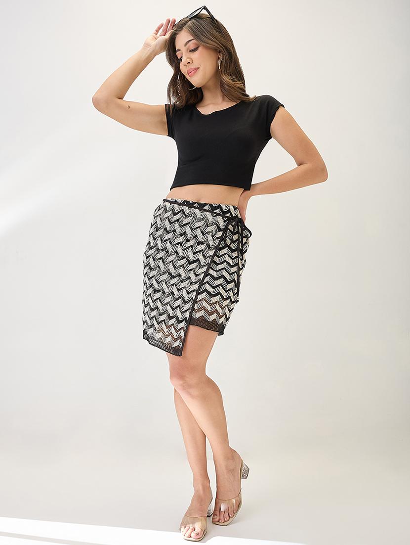 globus women black & white midi rise crochet mini wrap tie-up skirt - 21767496 - Standard Image - 4