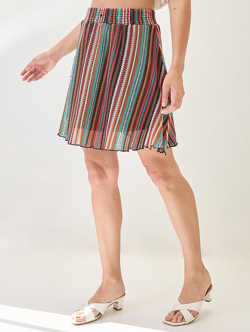globus women multi-colour mid rise striped crochet flared mini skirt - 21767497 -  Standard Image - 1