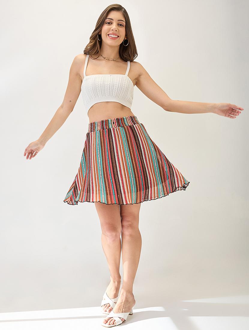 globus women multi-colour mid rise striped crochet flared mini skirt - 21767497 - Standard Image - 4