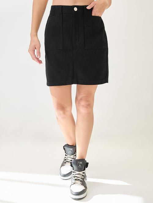 globus women black cotton mid rise pocket deatil mini denim skirt - 21767498 -  Standard Image - 0