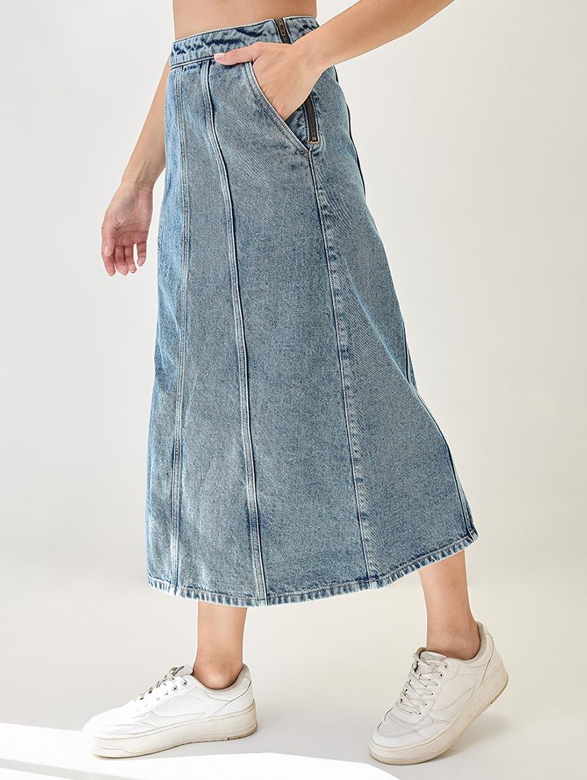 globus women light blue midi rise panelled a-line midi denim skirt - 21767500 -  Standard Image - 1