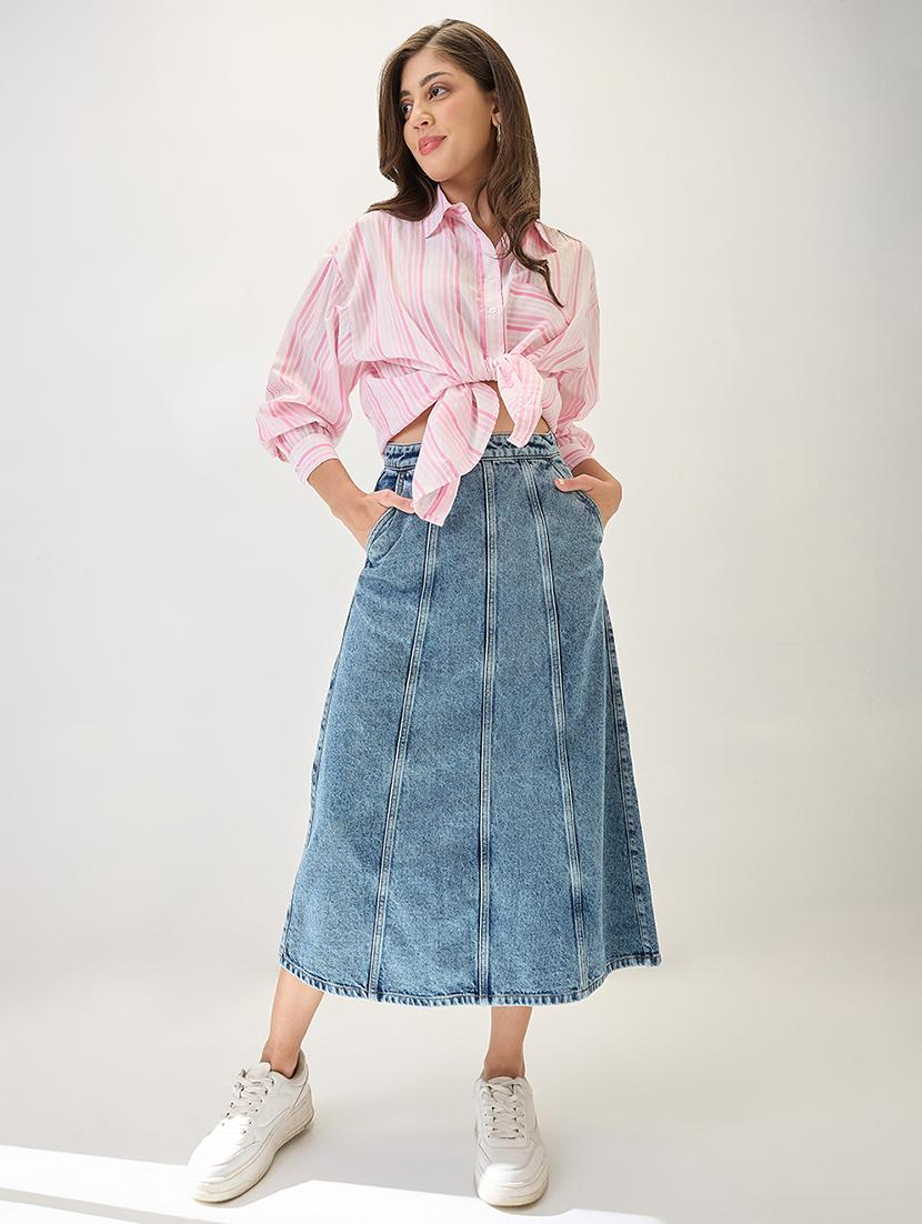 globus women light blue midi rise panelled a-line midi denim skirt - 21767500 - Standard Image - 4