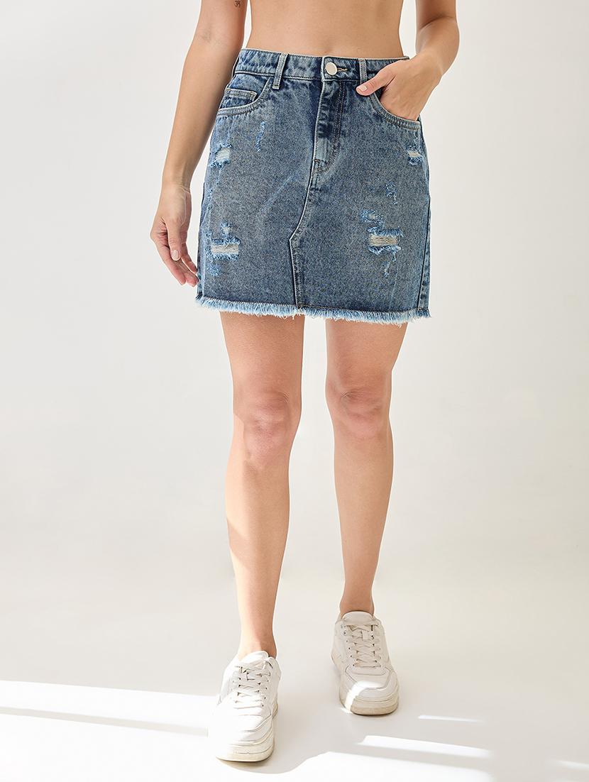 globus women med blue mid rise distressed & frayed hem mini denim skirt - 21767502 - Standard Image - 1