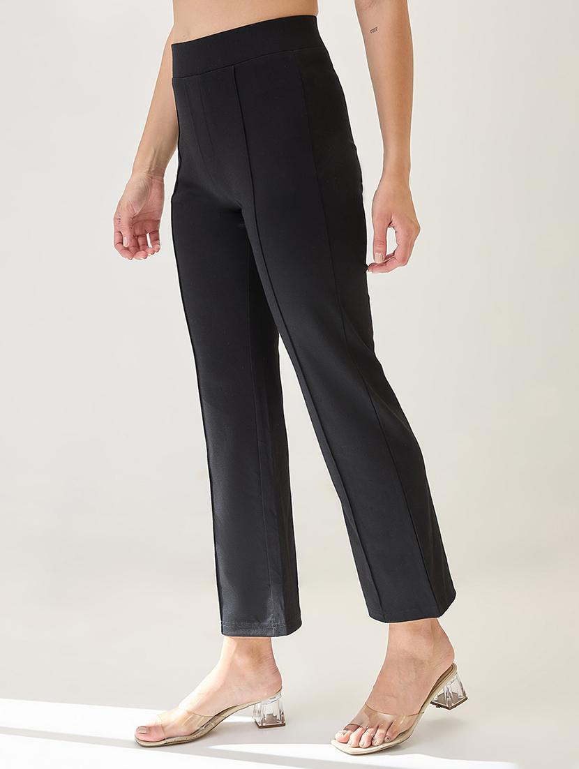 globus women black solid mid-rise flat front formal trousers - 21767505 -  Standard Image - 1