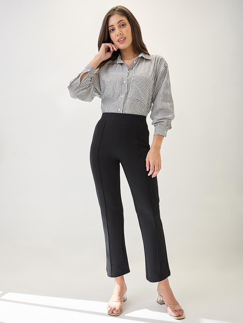 globus women black solid mid-rise flat front formal trousers - 21767505 - Standard Image - 4