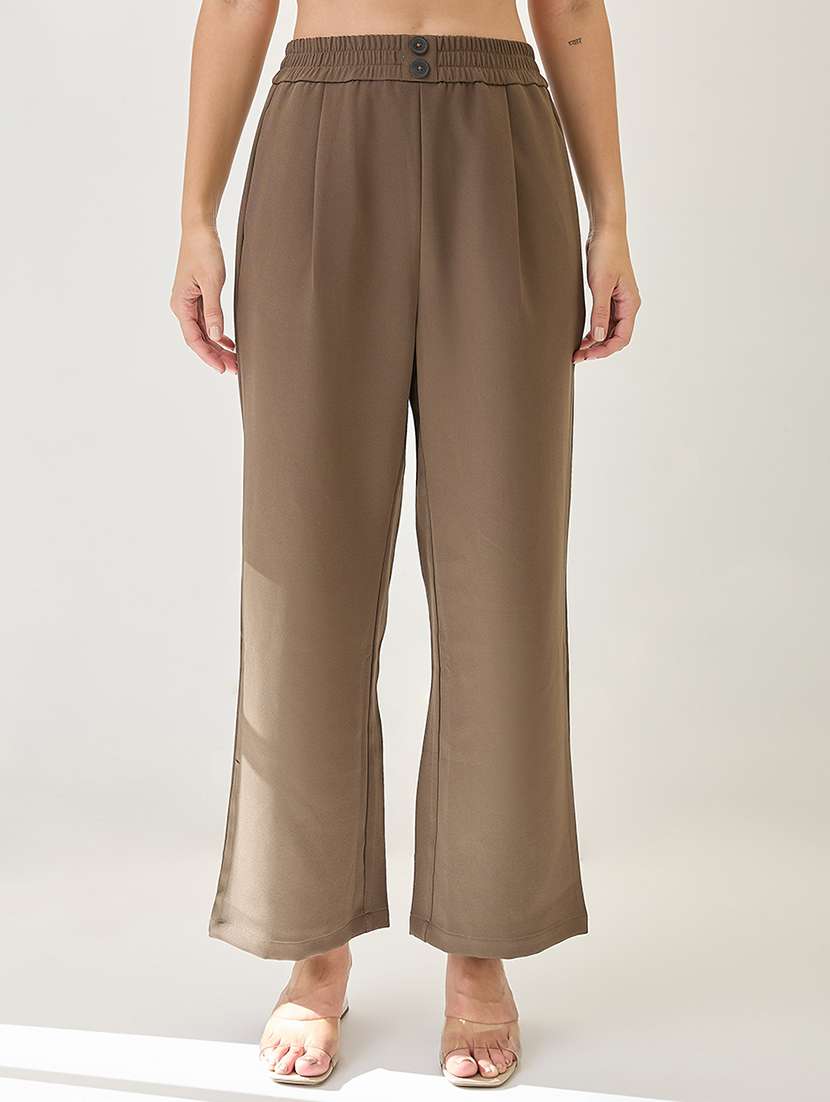 globus women olive solid relaxed fit mid rise elasticated waist korean pant