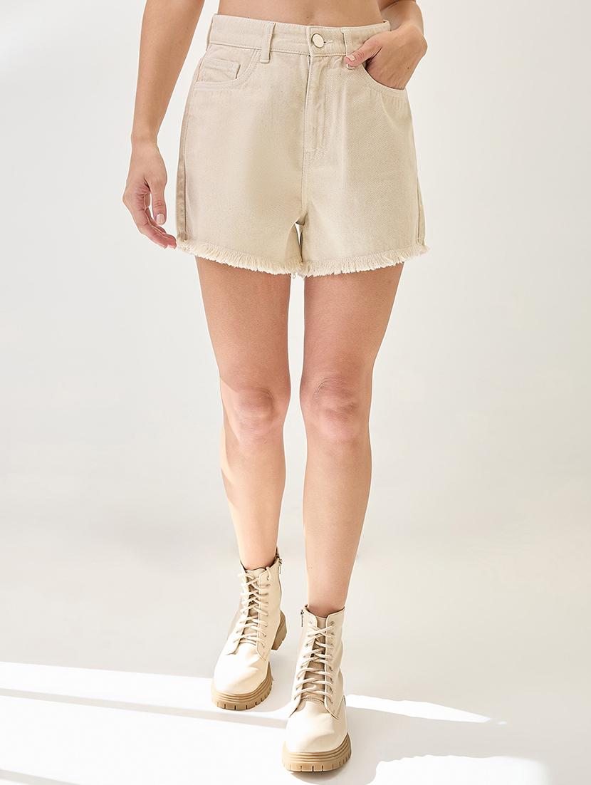 globus women beige slim fit mid-rise frayed hem denim shorts - 21767517 - Zoom Image - 0