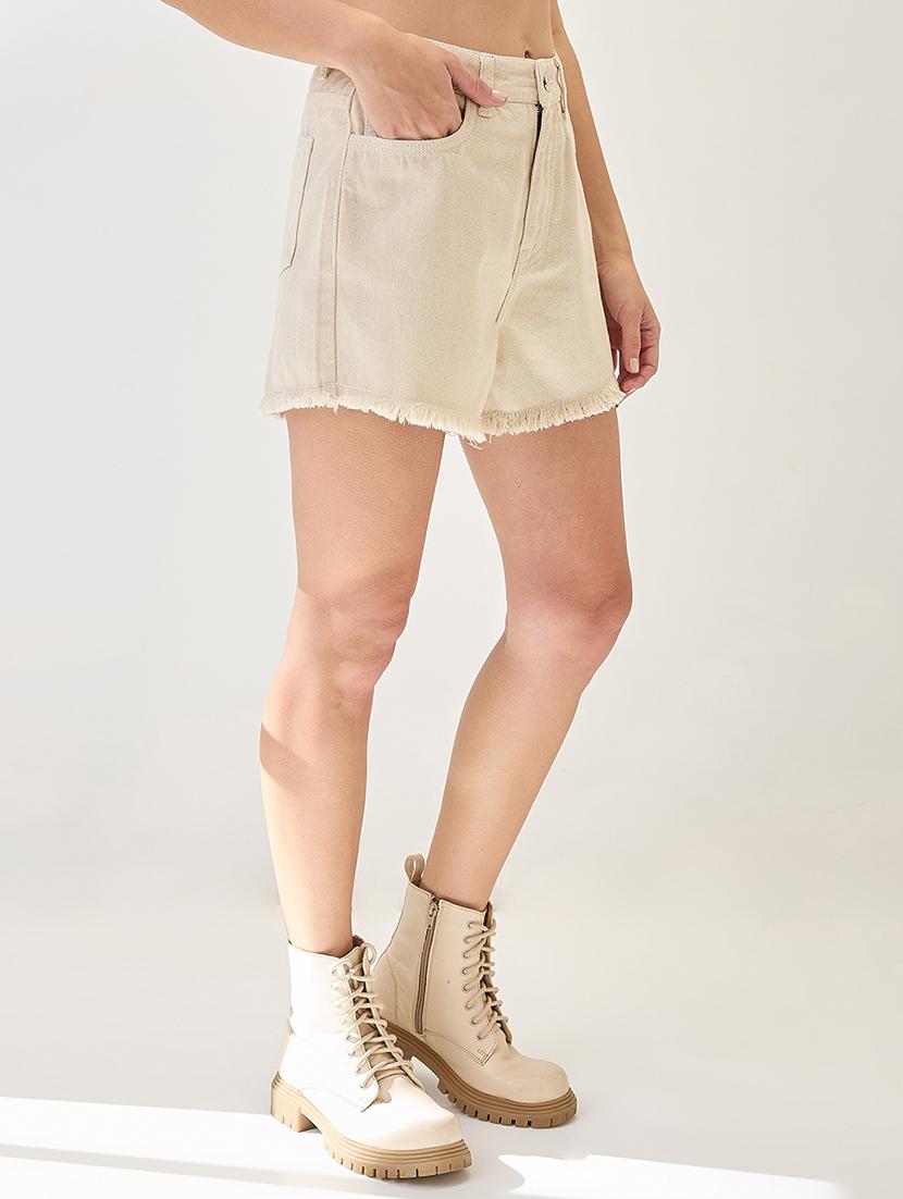 globus women beige slim fit mid-rise frayed hem denim shorts - 21767517 - Standard Image - 1
