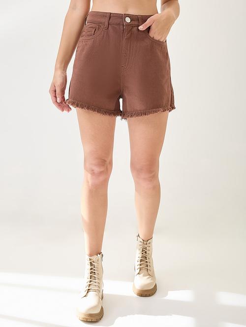 globus women mocha slim fit mid-rise frayed hem denim shorts - 21767518 - Standard Image - 0