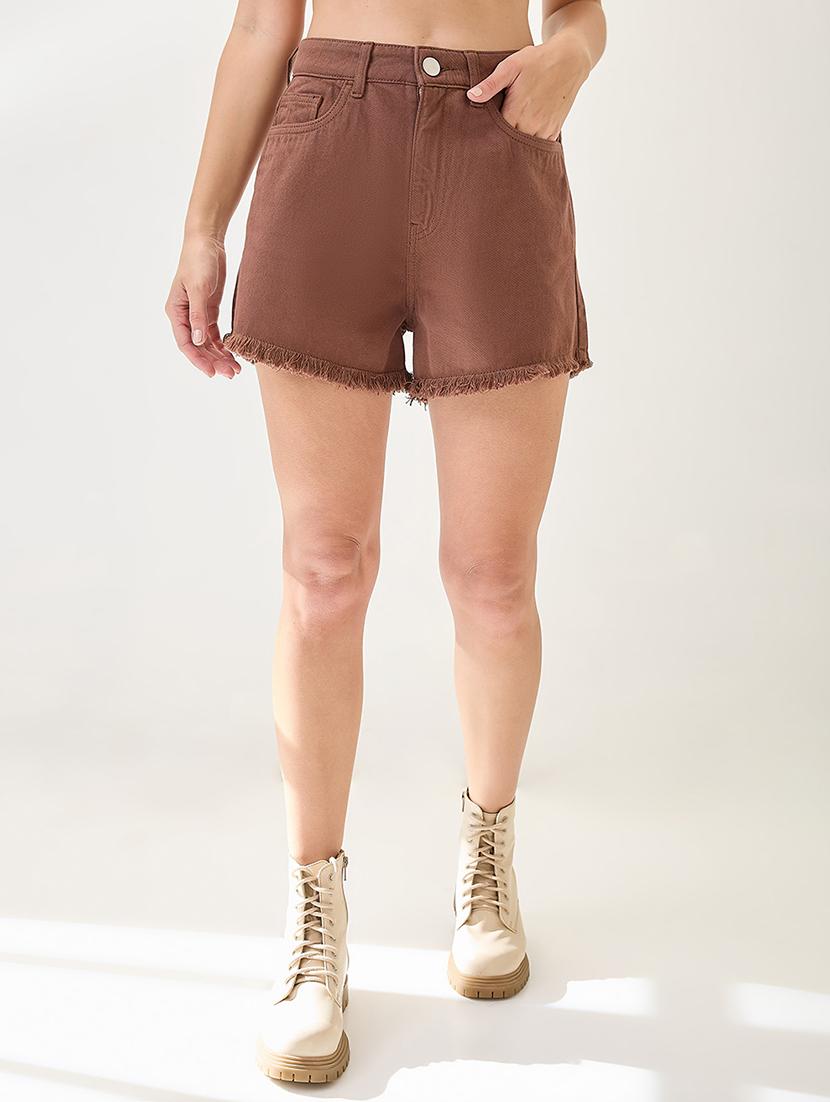 globus women mocha slim fit mid-rise frayed hem denim shorts - 21767518 - Zoom Image - 0