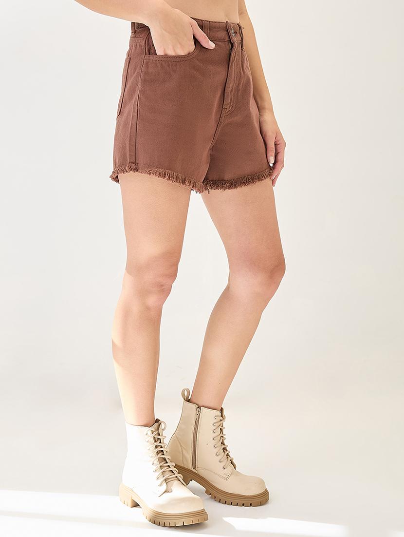 globus women mocha slim fit mid-rise frayed hem denim shorts - 21767518 -  Standard Image - 1