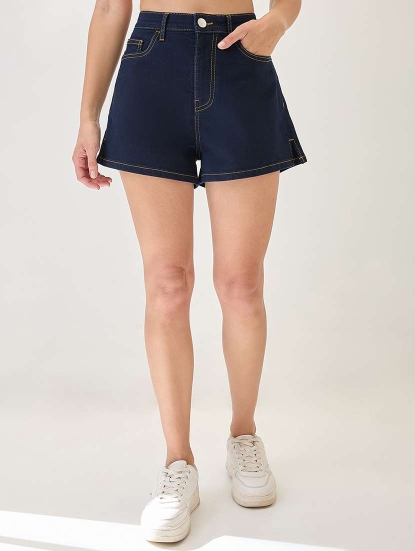 globus women dark blue slim fit mid-rise denim shorts - 21767520 -  Zoom Image - 0