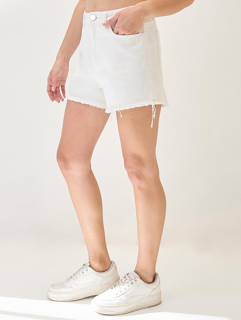 globus women white slim fit mid-rise frayed hem denim shorts - 21767521 -  Standard Image - 1