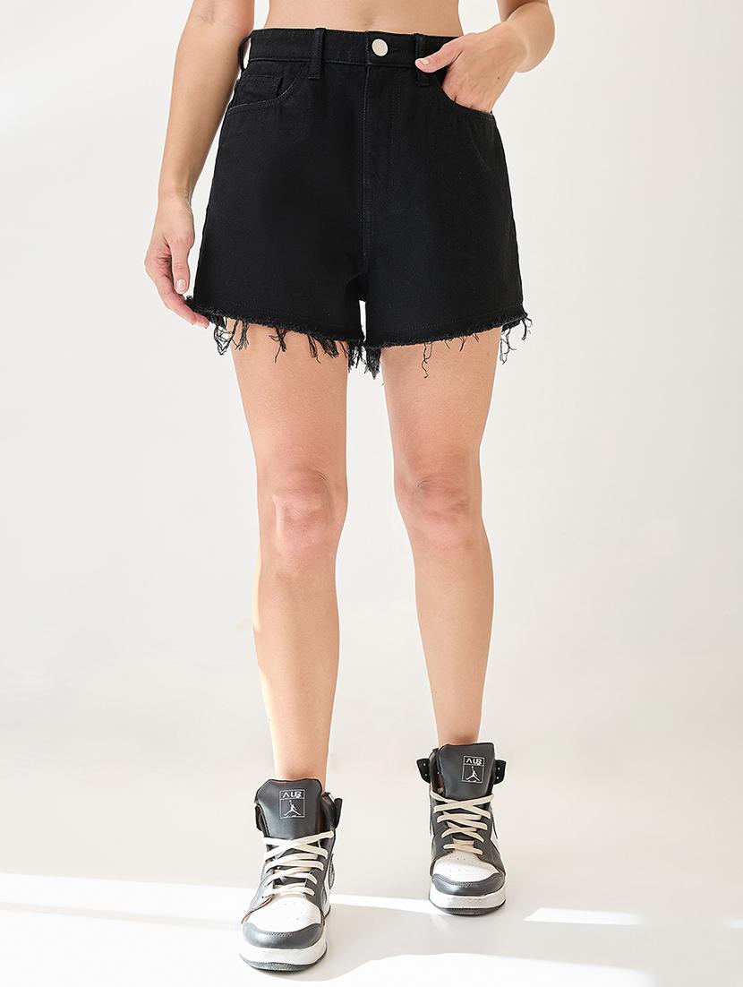 globus women black slim fit mid-rise frayed hem denim shorts - 21767522 -  Zoom Image - 0