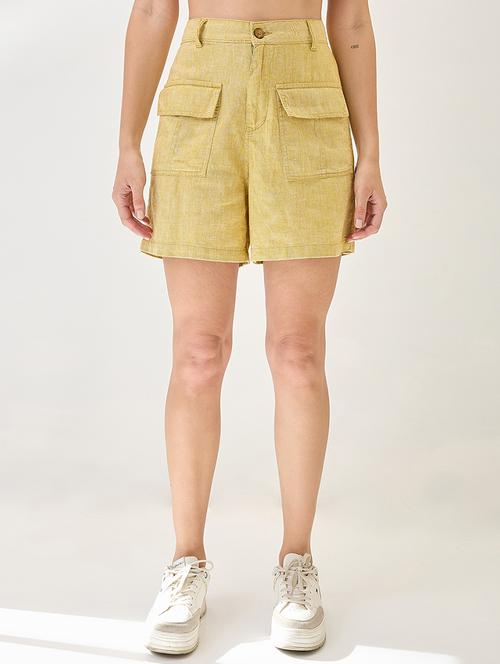 globus women mustard linen cotton high-rise relaxed fit above knee shorts - 21767525 - Standard Image - 0