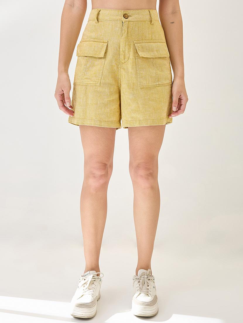 globus women mustard linen cotton high-rise relaxed fit above knee shorts - 21767525 - Zoom Image - 0