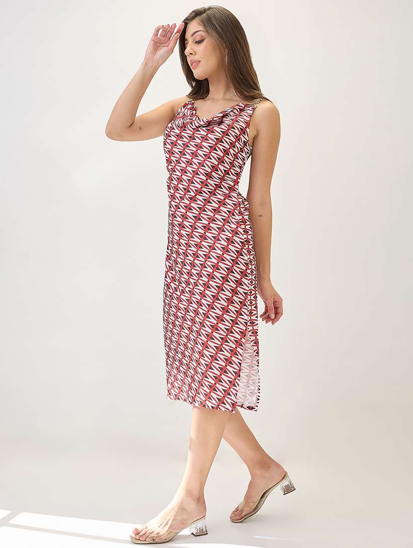 globus women red cowl neck metal shoulder straps side slits sheath midi party dress - 21767527 -  Standard Image - 1