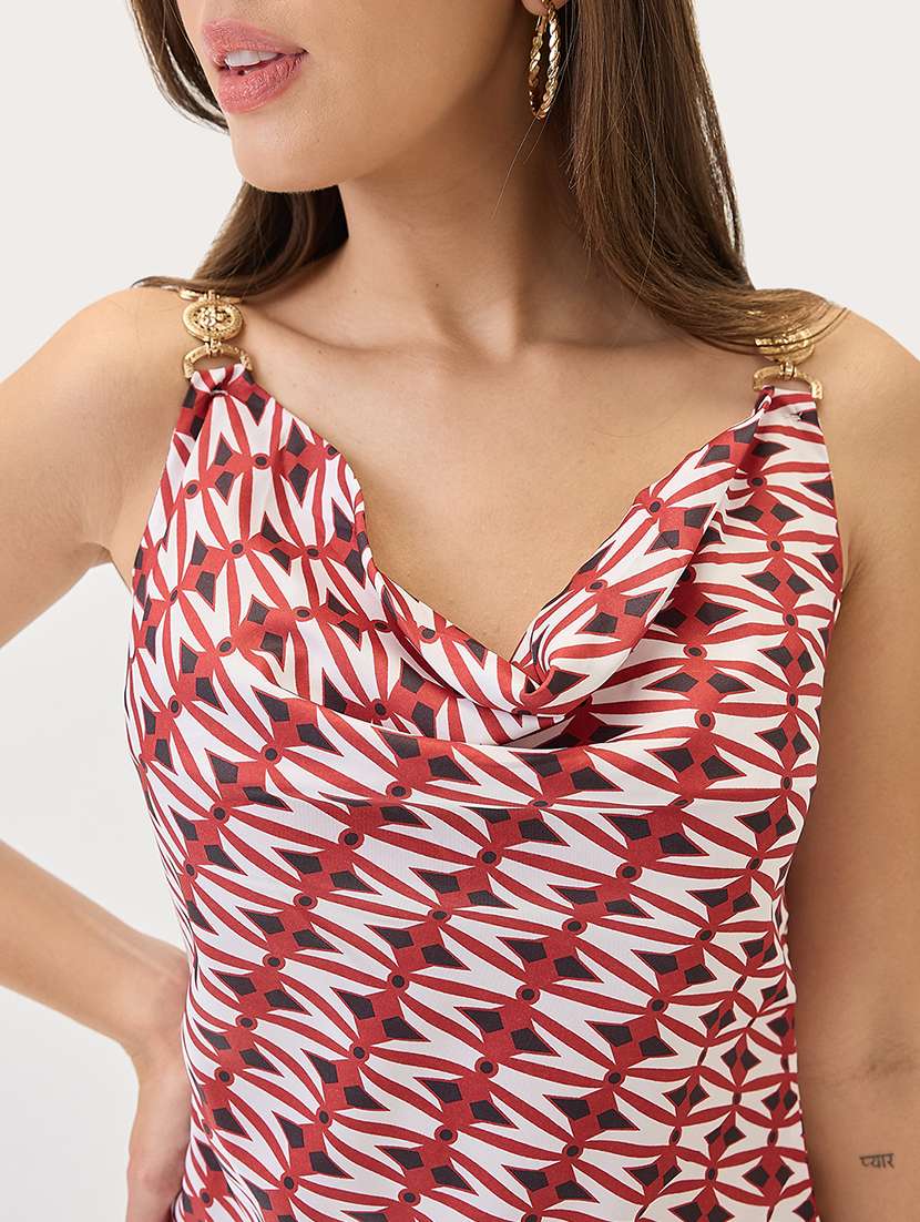 globus women red cowl neck metal shoulder straps side slits sheath midi party dress - 21767527 -  Standard Image - 4