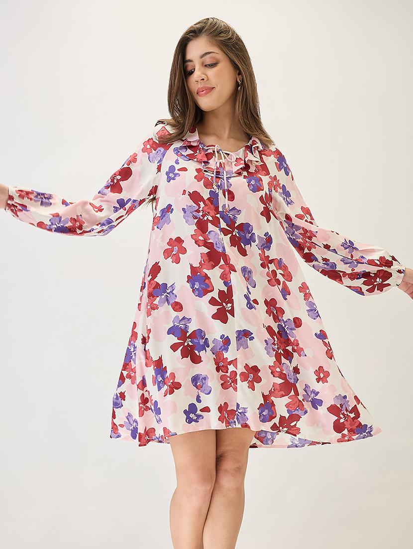 globus women white floral print ruffled v-neck bishop sleeves mini a-line workwear dress
