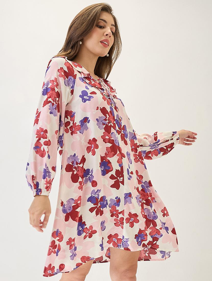globus women white floral print ruffled v-neck bishop sleeves mini a-line workwear dress - 21767528 -  Standard Image - 1