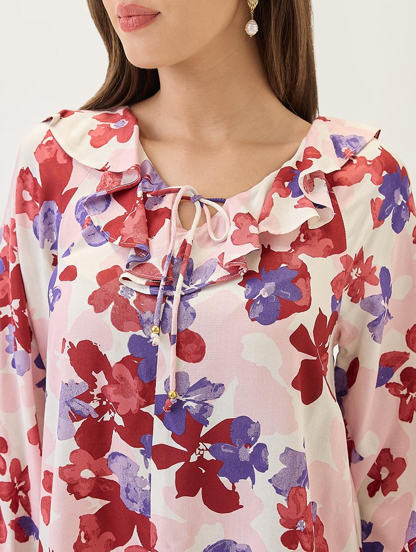 globus women white floral print ruffled v-neck bishop sleeves mini a-line workwear dress - 21767528 - Standard Image - 4