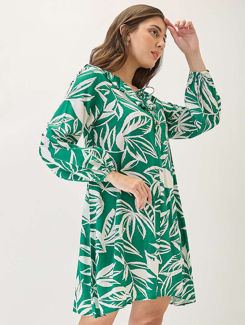 globus women green tropical print ruffled v-neck bishop sleeves mini a-line workwear dress - 21767529 -  Standard Image - 1