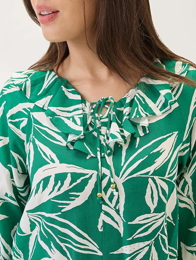 globus women green tropical print ruffled v-neck bishop sleeves mini a-line workwear dress - 21767529 -  Standard Image - 4